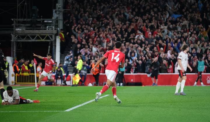 Dan Ndoye of Nottingham Forest scores in the 22nd minute to make it 1-1 during the UEFA Europa league football match between Nottingham Forest and FC Midtjylland at City Ground in Nottingham. Copyright: xPaulxBonser SportsxPressxPhotox Sportspressphoto_SPR36610