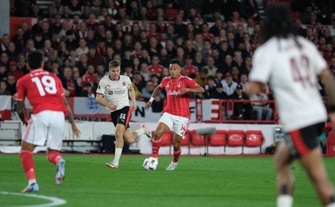 Dan Ndoye of Nottingham Forest seen in action during the UEFA Europa league football match between Nottingham Forest and FC Midtjylland at City Ground in Nottingham. Copyright: xPaulxBonser SportsxPressxPhotox Sportspressphoto_SPR36611