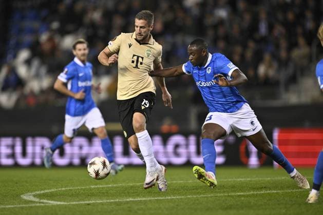 Ferencvaros Barnabas Varga and Genk s Mujaid Sadick fight for the ball during a soccer game between Belgian KRC Genk and Hungarian Ferencvarosi TC, on Thursday 02 October 2025, in Genk, in the second game (out of 8) in the league phase of the UEFA Europa League competition. JOHAN EYCKENS JohanxEyckens  x135939680x