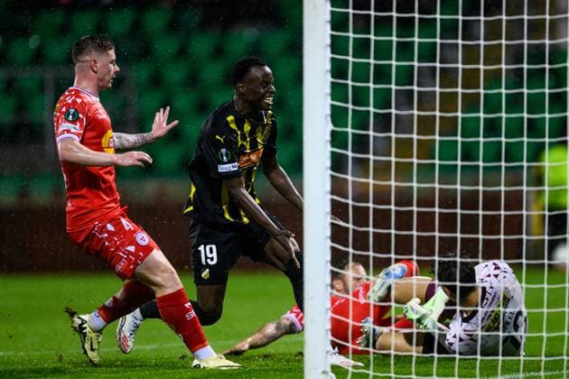 251002 John Paul Dembe of Häcken looks dejected during the UEFA Conference League football match between Shelbourne FC and Häcken on October 2, 2025 in Dublin Photo Carl Sandin BILDBYRAN kod CS CS0783 fotboll, football, soccer, fotball,uefa conference league, confe  Copyright: CARLxSANDIN BB251002CS054
