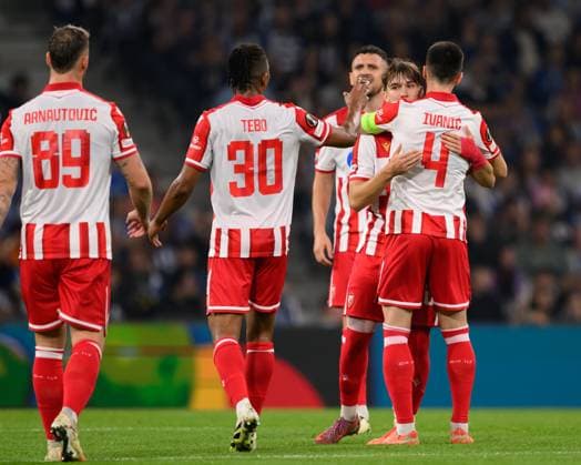 October 2, 2025, Porto, Porto, Portugal: VASILIJE KOSTOV from Red Star Belgrade FK seen celebrating his goal during the UEFA Europe League 2025 26 match between FC Porto and Red Star Belgrade FK on October 02, 2025 at EstoÂ¡dio do Dragao, Porto, Portugal Porto Portugal - ZUMAl192 20251002_zsp_l192_025 Copyright: xMiguelxLemosx