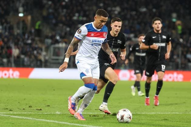 SOCCER - UEFA EL, Sturm vs Glasgow GRAZ,AUSTRIA,02.OCT.25 - SOCCER - UEFA Europa League, SK Sturm Graz vs Glasgow Rangers FC. Image shows James Tavernier (Rangers) and Belmin Beganovic (Sturm).  GEPAxpictures xChrisxBauer