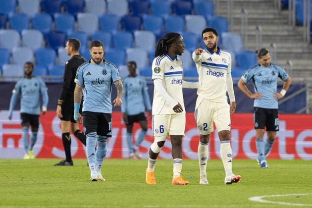SLOVAN BRATISLAVA - STRASBOURG Andrew Omobamidele, Ismael Doukoure of Strasbourg during league phase of UEFA Conference league football match between SK Slovan Bratislava and RC Strasbourg Alsace. Bratislava, Slovakia, October 02, 2025. Copyright: xx 080A1090