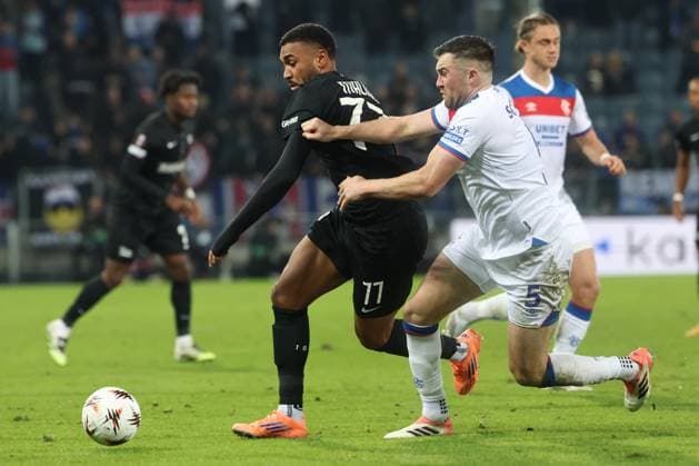 SOCCER - UEFA EL, Sturm vs Glasgow GRAZ,AUSTRIA,02.OCT.25 - SOCCER - UEFA Europa League, SK Sturm Graz vs Glasgow Rangers FC. Image shows Maurice Malone (Sturm) and John Souttar (Rangers).  GEPAxpictures xChrisxBauer
