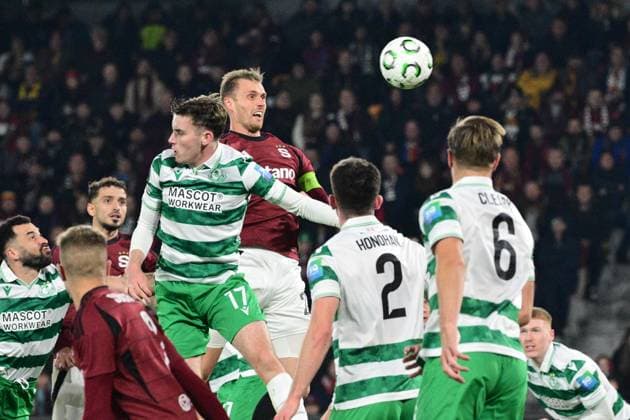 Asger Sorensen (Sparta; up) scores (3:0) during the UEFA Conference League, first round match: AC Sparta Praha vs Shamrock Rovers, in Prague, Czech Republic, on October 2, 2025. (CTKxPhoto MichalxKamaryt) CTKPhotoP2025100209084  CTKPhotoP2025100209084