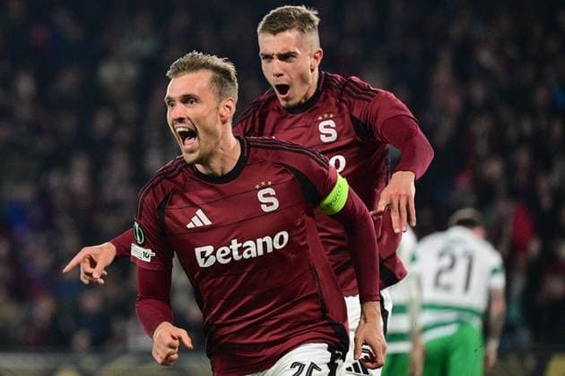 Asger Sorensen (Sparta; left) celebrates his goal (3:0) during the UEFA Conference League, first round match: AC Sparta Praha vs Shamrock Rovers, in Prague, Czech Republic, on October 2, 2025. (CTKxPhoto MichalxKamaryt) CTKPhotoP2025100209102  CTKPhotoP2025100209102
