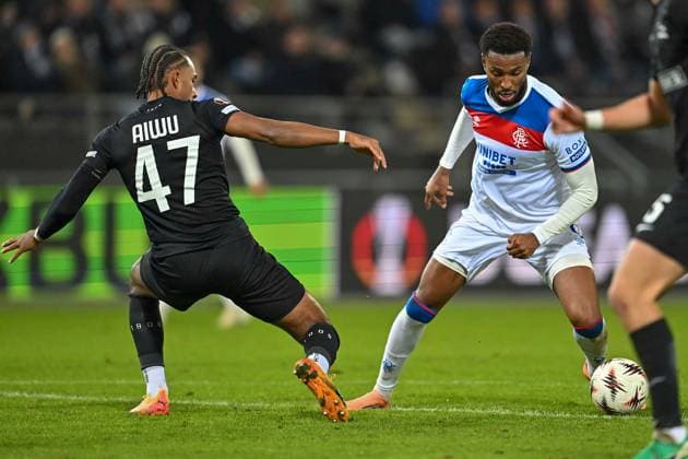 SOCCER - UEFA EL, Sturm vs Glasgow GRAZ,AUSTRIA,02.OCT.25 - SOCCER - UEFA Europa League, SK Sturm Graz vs Glasgow Rangers FC. Image shows Emanuel Aiwu (Sturm) and Youssef Chermiti (Rangers).  GEPAxpictures xAvnixRetkoceri