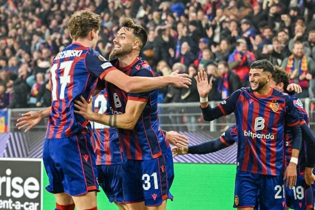 Joe Mendes FC Basel, 17 , Dominik Schmid FC Basel, 31 , Gabriel Sigua FC Basel, 21 , Marin Soticek FC Basel, 19 celebrate the 2-0 goal by Xherdan Shaqiri FC Basel, 10 CH, FC Basel VfB Stuttgart, Football, Europa League, Matchday 2, 2025 2026 season, 02 10 2025 CH, FC Basel VfB Stuttgart, Football, Europa League, Matchday 2, 2025 2026 season, 02 10 2025 Basel Copyright: xEibner-Pressefoto ThomasxHessx EP_THS