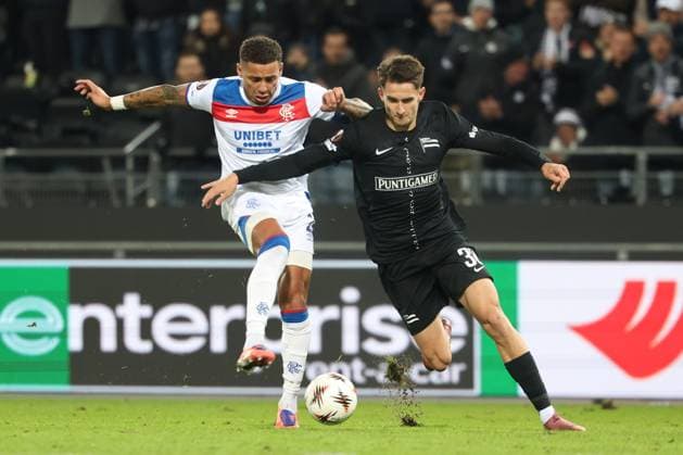 SOCCER - UEFA EL, Sturm vs Glasgow GRAZ,AUSTRIA,02.OCT.25 - SOCCER - UEFA Europa League, SK Sturm Graz vs Glasgow Rangers FC. Image shows James Tavernier (Rangers) and Leon Grgic (Sturm).  GEPAxpictures xChrisxBauer