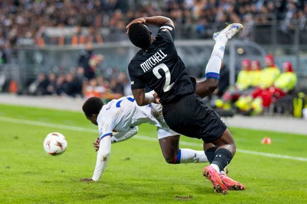 SOCCER - UEFA EL, Sturm vs Glasgow GRAZ,AUSTRIA,02.OCT.25 - SOCCER - UEFA Europa League, SK Sturm Graz vs Glasgow Rangers FC. Image shows Djeidi Gassama (Rangers) and Jeyland Mitchell (Sturm).  GEPAxpictures xAvnixRetkoceri