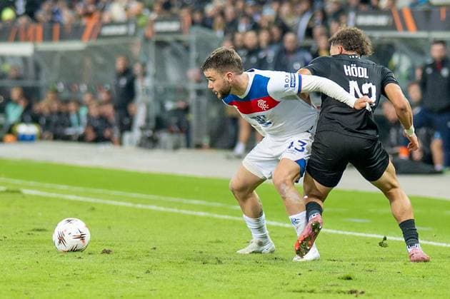 SOCCER - UEFA EL, Sturm vs Glasgow GRAZ,AUSTRIA,02.OCT.25 - SOCCER - UEFA Europa League, SK Sturm Graz vs Glasgow Rangers FC. Image shows Nicolas Raskin (Rangers) and Jacob Hoedl (Sturm).  GEPAxpictures xAvnixRetkoceri