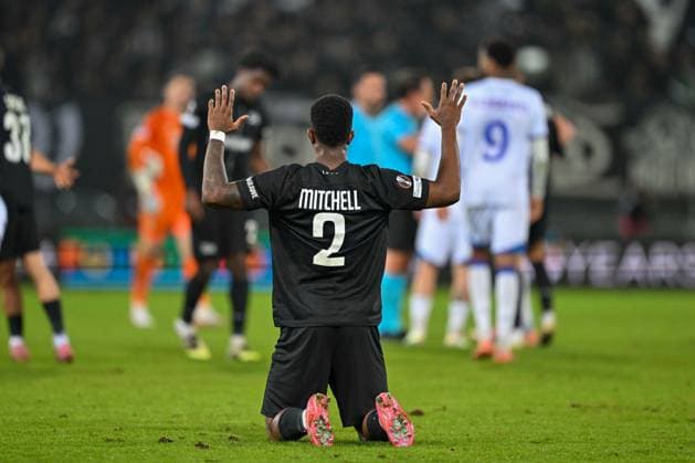 SOCCER - UEFA EL, Sturm vs Glasgow GRAZ,AUSTRIA,02.OCT.25 - SOCCER - UEFA Europa League, SK Sturm Graz vs Glasgow Rangers FC. Image shows the rejoicing of Jeyland Mitchell (Sturm).  GEPAxpictures xAvnixRetkoceri