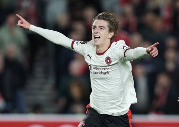 Nottingham, England, 2nd October 2025. Valdemar Andreasen of FC Midtjylland celebrates scoring their third goal during the Nottingham Forest vs FC Midtjylland UEFA Champions League match at the City Ground, Nottingham. Picture credit should read: James Baylis Sportimage EDITORIAL USE ONLY. No use with unauthorised audio, video, data, fixture lists, club league logos or live services. Online in-match use limited to 120 images, no video emulation. No use in betting, games or single club league player publications. SPI_033_JB_NOT_MID SPI-4181-0033