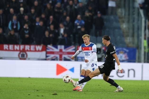Connor Barron of Rangers and Belmin Beganovic of SK Sturm Graz during UEFA Europa League league phase match at Merkur Arena, Graz. SK Sturm Graz v Rangers - UEFA Europa League - League Phase - Merkur Arena, Styria, Austria - 02 Oct 2025Graz Merkur Arena Styria Australia EDITORIAL USE ONLY  Copyright: xRangersxFC Shutterstockx 15514837cs