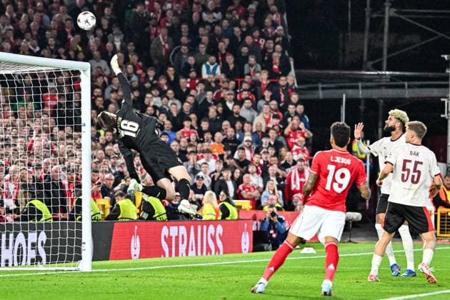 2nd October 2025; The City Ground, Nottingham, England; UEFA Europa League Football, Nottingham Forest versus Midtjylland; Elias Rafn Olafsson of FC Midtjylland makes a diving save  GodfreyxPitt