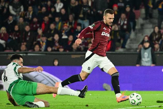 Lukas Haraslin (Sparta; right) scores during the UEFA Conference League, first round match: AC Sparta Praha vs Shamrock Rovers, in Prague, Czech Republic, on October 2, 2025. On the left side is seen Roberto Lopes (Shamrock Rovers). (CTKxPhoto MichalxKamaryt) CTKPhotoP2025100209375  CTKPhotoP2025100209375