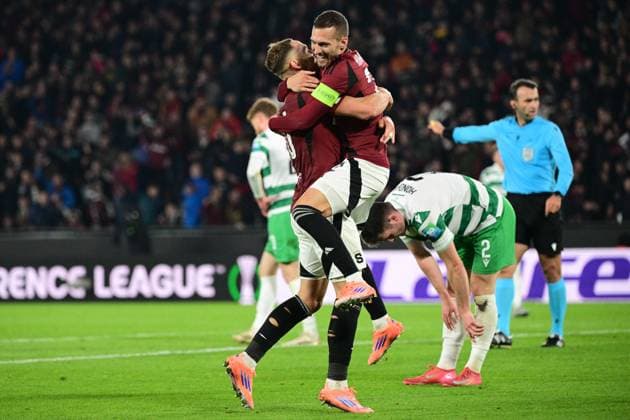 Jan Kuchta (Sparta; left) congratulations to Lukas Haraslin (Sparta; right) to his goal during the UEFA Conference League, first round match: AC Sparta Praha vs Shamrock Rovers, in Prague, Czech Republic, on October 2, 2025. (CTKxPhoto MichalxKamaryt) CTKPhotoP2025100209378  CTKPhotoP2025100209378