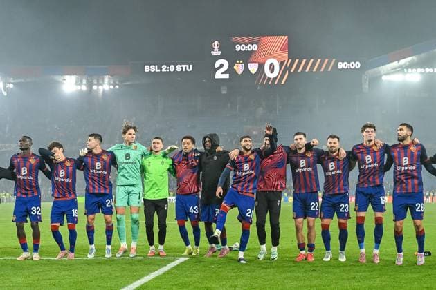 FC Basel celebrates 2-0 victory over VfB Stuttgart CH, FC Basel VfB Stuttgart, Football, Europa League, Matchday 2, 2025 2026 season, 02 10 2025 CH, FC Basel VfB Stuttgart, Football, Europa League, Matchday 2, 2025 2026 season, 02 10 2025 Basel Copyright: xEibner-Pressefoto ThomasxHessx EP_THS