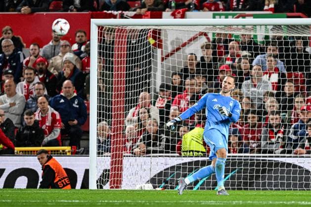 2nd October 2025; The City Ground, Nottingham, England; UEFA Europa League Football, Nottingham Forest versus Midtjylland; Matz Sels of Nottingham Forest clears the ball long  GodfreyxPitt