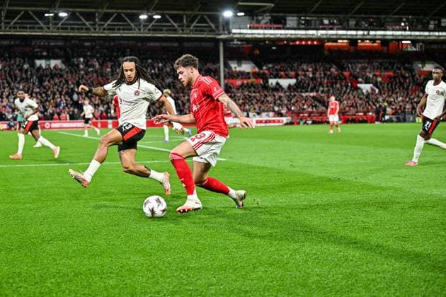 2nd October 2025; The City Ground, Nottingham, England; UEFA Europa League Football, Nottingham Forest versus Midtjylland; Neco Williams of Nottingham Forest looks to cross past Kevin Mbabu of FC Midtjylland  GodfreyxPitt