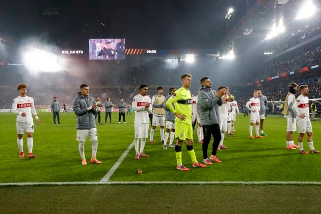 VfB Stuttgart after the match , Switzerland, Football, UEFA Europa League, Matchday 2, 2025 2026, FC Basel vs VfB Stuttgart, 02 10 2025, Sankt Jakob Park, Basel, Switzerland Basel Sankt Jakob Park Canton Basel City Switzerland Copyright: xGrantxHubbsx