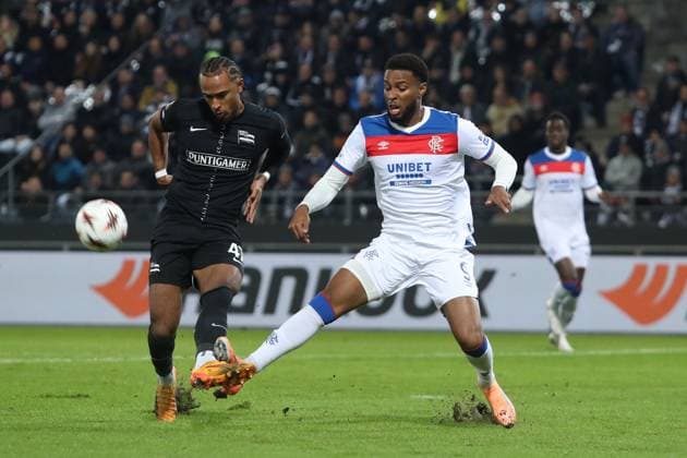 Emanuel Aiwu of SK Sturm Graz and Youssef Chermiti of Rangers during UEFA Europa League league phase match at Merkur Arena, Graz. SK Sturm Graz v Rangers - UEFA Europa League - League Phase - Merkur Arena, Styria, Austria - 02 Oct 2025Graz Merkur Arena Styria Australia EDITORIAL USE ONLY  Copyright: xRangersxFC Shutterstockx 15514837dg