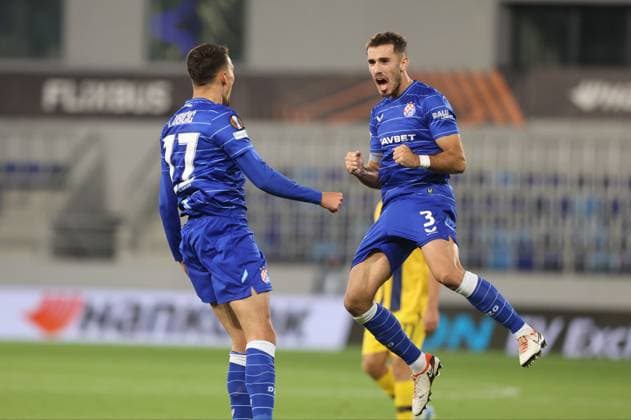 Maccabi Tel-Aviv FC and GNK Dinamo Zagreb - UEFA Europa League 2025 26 League Phase MD2 Dejan Ljubicic and Bruno Goda of GNK Dinamo Zagreb celebrate after Dejan Ljubicic scores a goal for 3:1 during the UEFA Europa League 2025 26 League Phase MD2 match between Maccabi Tel-Aviv FC and GNK Dinamo Zagreb at TSC Arena on October 2, 2025 in Backa Topola, Serbia.  SlobodanxSandic PIXSELL