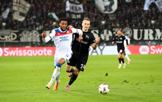SK Sturm Graz v Rangers, Europa League, 2 October 2025 Rangers Youssef Chermiti & Sturm Graz Dimitri Lavalee Graz Austria Copyright: xDanxWestwellx xSportPix.org.ukx