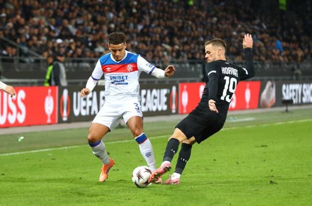 SK Sturm Graz v Rangers, Europa League, 2 October 2025 Rangers Max Aarons & Sturm Graz Tomi Horvat Graz Austria Copyright: xDanxWestwellx xSportPix.org.ukx
