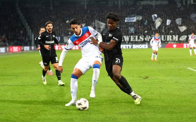 SK Sturm Graz v Rangers, Europa League, 2 October 2025 Rangers Bojan Miovski & Sturm Graz Tochi Phil Chukwauni Graz Austria Copyright: xDanxWestwellx xSportPix.org.ukx