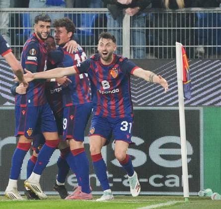 02 10 2025 Switzerland, Basel Football Men UEFA Europa League Season 2025 2026 FC Basel VFB Stuttgart 2 0 Picture Goal celebration Dominik Schmid FC Basel Action