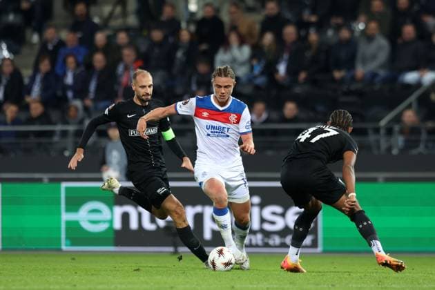 Thelo Aasgaard of Rangers on the ball during UEFA Europa League league phase match at Merkur Arena, Graz. SK Sturm Graz v Rangers - UEFA Europa League - League Phase - Merkur Arena, Styria, Austria - 02 Oct 2025Graz Merkur Arena Styria Australia EDITORIAL USE ONLY  Copyright: xRangersxFC Shutterstockx 15514837eu