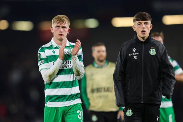 UEFA Europa Conference League Group Phase, Stadion Letna, Prague, Czech Republic 2 10 2025 Sparta Praha vs Shamrock Rovers Rovers Michael Noonan and Cian Barrett applauds fans after the match Michael Noonan and Cian Barrett applauds fans after the match 2 10 2025  Copyright: x INPHO RyanxByrnex RB1_9281