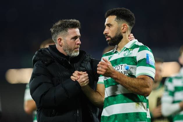 UEFA Europa Conference League Group Phase, Stadion Letna, Prague, Czech Republic 2 10 2025 Sparta Praha vs Shamrock Rovers Rovers Manager Stephen Bradley and Roberto Lopes dejected after the match Stephen Bradley and Roberto Lopes dejected after the match 2 10 2025  Copyright: x INPHO RyanxByrnex RB1_9423