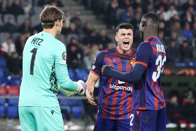 02 10 2025, xrekx, Football UEFA Europa League, FC Basel VfB Stuttgart v l Marwin Hitz FC Basel 1893 Flavius Daniliuc FC Basel 1893 Jonas Adjetey FC Basel 1893 DFL DFB REGULATIONS PROHIBIT ANY USE OF PHOTOGRAPHS as IMAGE SEQUENCES and or QUASI VIDEO basel
