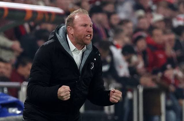 02 10 2025, Switzerland, Basel, Football UEFA Europa League, FC Basel vs VfB Stuttgart, FC coach Ludovig Magnin is happy and shouts, clenches his fists