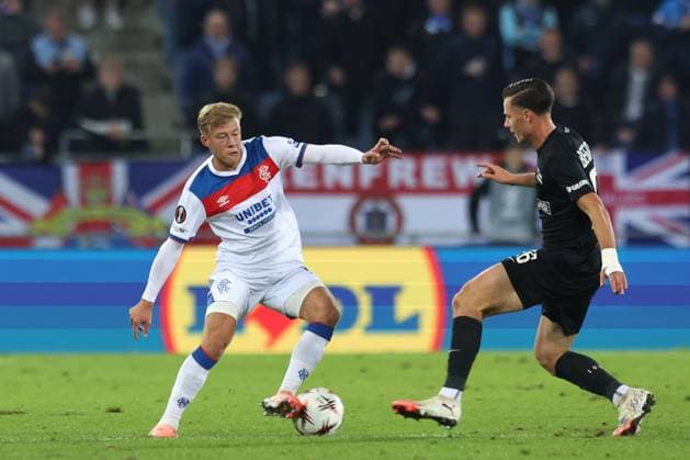 Connor Barron of Rangers and Belmin Beganovic of SK Sturm Graz during UEFA Europa League league phase match at Merkur Arena, Graz. SK Sturm Graz v Rangers - UEFA Europa League - League Phase - Merkur Arena, Styria, Austria - 02 Oct 2025Graz Merkur Arena Styria Australia EDITORIAL USE ONLY  Copyright: xRangersxFC Shutterstockx 15514837dx