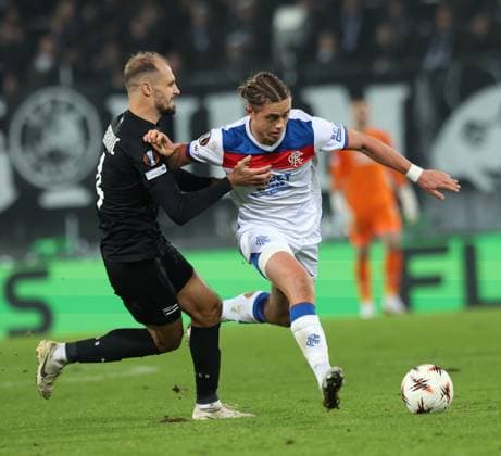 Jon Gorenc Stankovic of SK Sturm Graz battles for the ball with Thelo Aasgaard of Rangers during UEFA Europa League league phase match at Merkur Arena, Graz. SK Sturm Graz v Rangers - UEFA Europa League - League Phase - Merkur Arena, Styria, Austria - 02 Oct 2025Graz Merkur Arena Styria Australia EDITORIAL USE ONLY  Copyright: xRangersxFC Shutterstockx 15514837gp