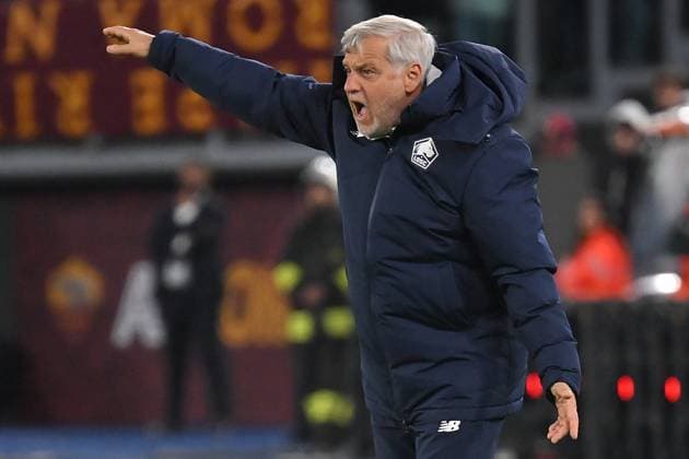 Soccer, Europa League match, AS Roma v Lille Losc Lille coach Bruno Genesio react during the Europa League match between AS Roma v Lille at Olimpico stadium in Rome, Italy, Oct 02nd, 2025. Imago-Images Emmefoto Copyright: xImago-Images Emmefotox