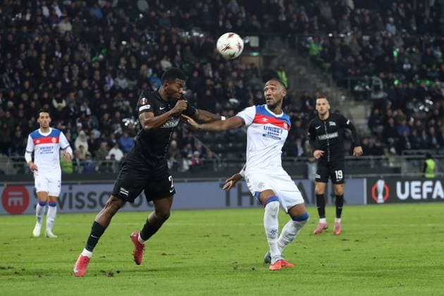 Derek Cornelius of Rangers battles for the ball during UEFA Europa League league phase match at Merkur Arena, Graz. SK Sturm Graz v Rangers - UEFA Europa League - League Phase - Merkur Arena, Styria, Austria - 02 Oct 2025Graz Merkur Arena Styria Australia EDITORIAL USE ONLY  Copyright: xRangersxFC Shutterstockx 15514837if