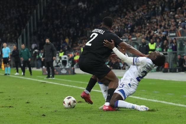 Jeyland Mitchell of SK Sturm Graz battles for the ball with Djeidi Gassama of Rangers during UEFA Europa League league phase match at Merkur Arena, Graz. SK Sturm Graz v Rangers - UEFA Europa League - League Phase - Merkur Arena, Styria, Austria - 02 Oct 2025Graz Merkur Arena Styria Australia EDITORIAL USE ONLY  Copyright: xRangersxFC Shutterstockx 15514837ih