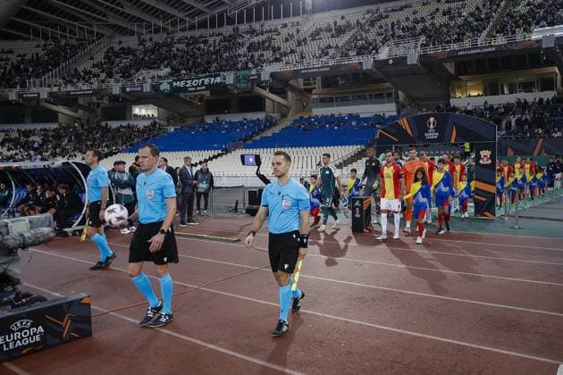 ATHENS , 02-10-2025 , Olympic Athletic Center of Athens Spyros Louis , season 2025 2026 , UEFA Europa League League phase . match between Panathinaikos and Go Ahead Eagles, final result 1-2. Picture shows players enter the pitch Panathinaikos - Go Ahead Eagles  x31328725x Copyright: