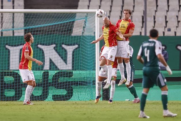 ATHENS , 02-10-2025 , Olympic Athletic Center of Athens Spyros Louis , season 2025 2026 , UEFA Europa League League phase . match between Panathinaikos and Go Ahead Eagles, final result 1-2. Picture shows GA Eagles player Gerrit Nauber GA Eagles player Melle Meulensteen Panathinaikos - Go Ahead Eagles  x31328729x Copyright: