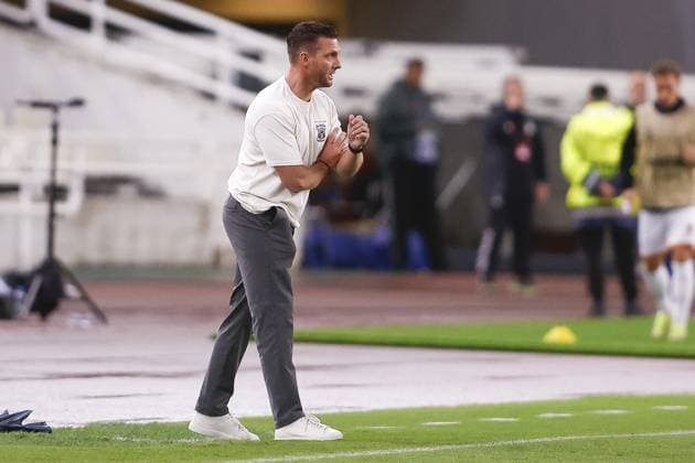 ATHENS , 02-10-2025 , Olympic Athletic Center of Athens Spyros Louis , season 2025 2026 , UEFA Europa League League phase . match between Panathinaikos and Go Ahead Eagles, final result 1-2. Picture shows GA Eagles trainer coach Melvin Boel Panathinaikos - Go Ahead Eagles  x31328730x Copyright: