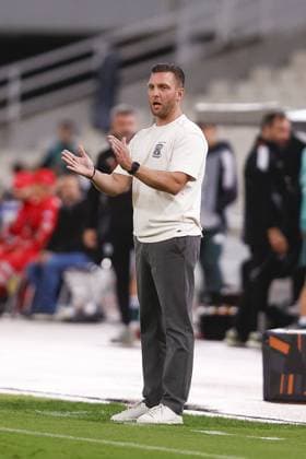 ATHENS , 02-10-2025 , Olympic Athletic Center of Athens Spyros Louis , season 2025 2026 , UEFA Europa League League phase . match between Panathinaikos and Go Ahead Eagles, final result 1-2. Picture shows GA Eagles trainer coach Melvin Boel Panathinaikos - Go Ahead Eagles  x31328731x Copyright: