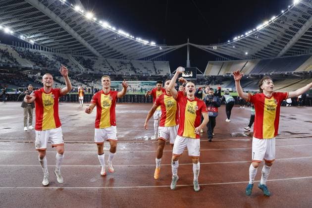 ATHENS , 02-10-2025 , Olympic Athletic Center of Athens Spyros Louis , season 2025 2026 , UEFA Europa League League phase . match between Panathinaikos and Go Ahead Eagles, final result 1-2. Picture shows celebration after the match by players GA Eagles Panathinaikos - Go Ahead Eagles  x31328736x Copyright: