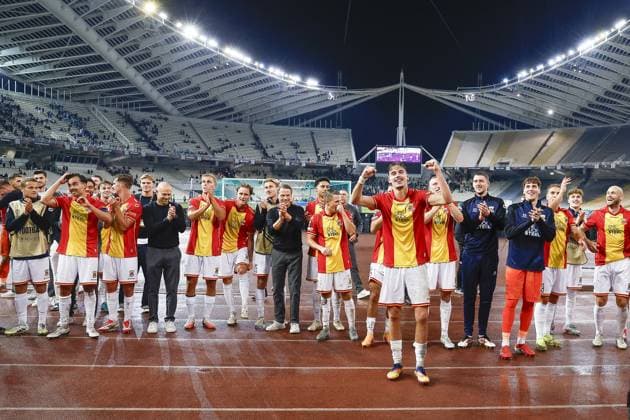 ATHENS , 02-10-2025 , Olympic Athletic Center of Athens Spyros Louis , season 2025 2026 , UEFA Europa League League phase . match between Panathinaikos and Go Ahead Eagles, final result 1-2. Picture shows celebration after the match by players GA Eagles Panathinaikos - Go Ahead Eagles  x31328741x Copyright: