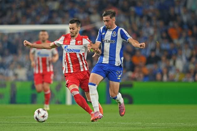 2nd October 2025; Dragao Stadium, Porto, Portugal: UEFA Europa League 2025 2026, FC Porto versus Red Star Belgrade; Martim Fernandes of FC Porto challenges Tomas Handel of Red Star Belgrade  DanielxCastro