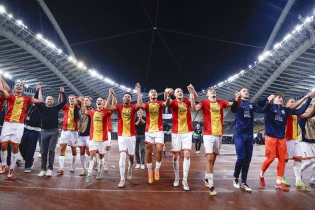 ATHENS , 02-10-2025 , Olympic Athletic Center of Athens Spyros Louis , season 2025 2026 , UEFA Europa League League phase . match between Panathinaikos and Go Ahead Eagles, final result 1-2. Picture shows celebration after the match by players GA Eagles Panathinaikos - Go Ahead Eagles  x31328742x Copyright: