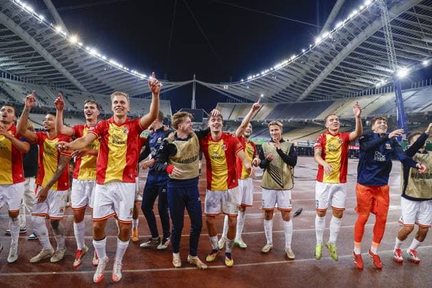ATHENS , 02-10-2025 , Olympic Athletic Center of Athens Spyros Louis , season 2025 2026 , UEFA Europa League League phase . match between Panathinaikos and Go Ahead Eagles, final result 1-2. Picture shows celebration after the match by players GA Eagles Panathinaikos - Go Ahead Eagles  x31328747x Copyright: